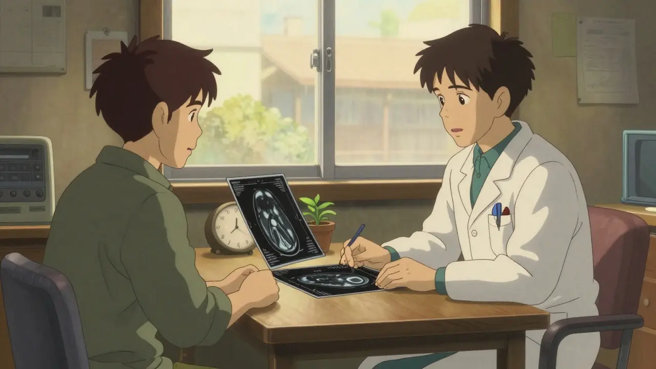 Un patient et un médecin regardent une IRM dans un bureau ensoleillé, avec une plante et une horloge en arrière-plan.