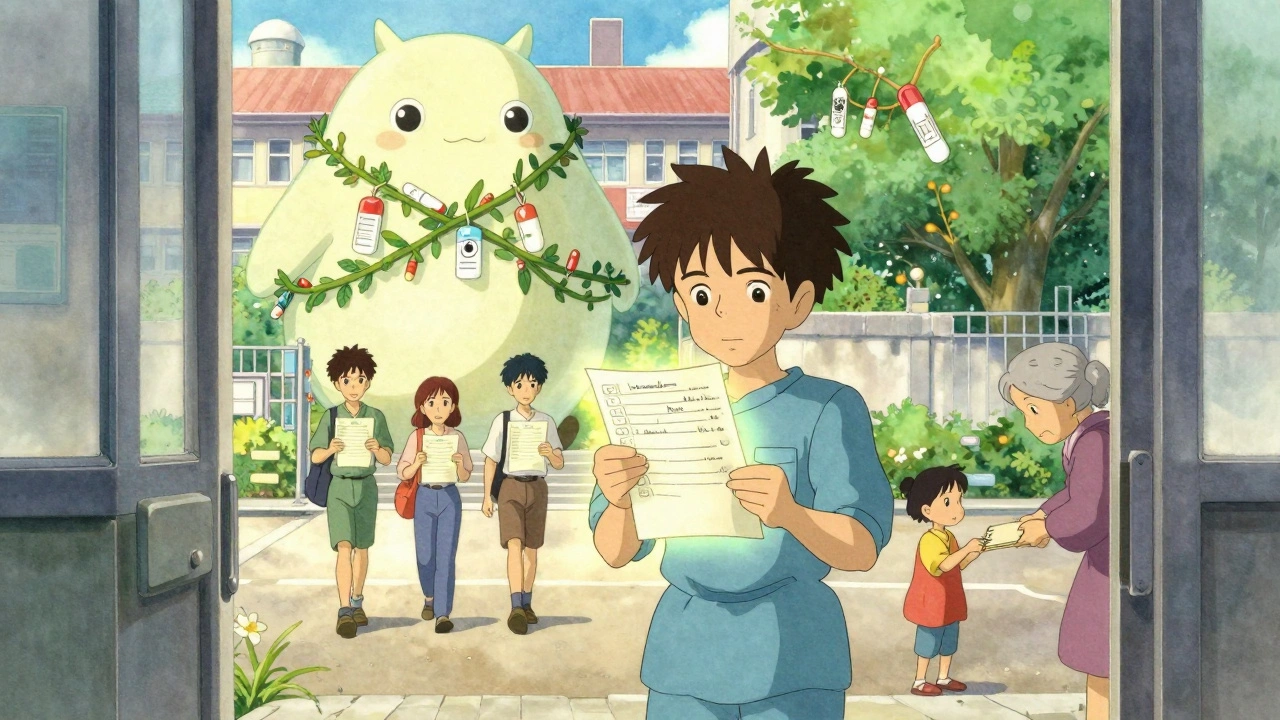 Un patient sort de l'hôpital en tenant une liste de médicaments lumineuse, surveillé par un esprit composé de labels de médicaments.