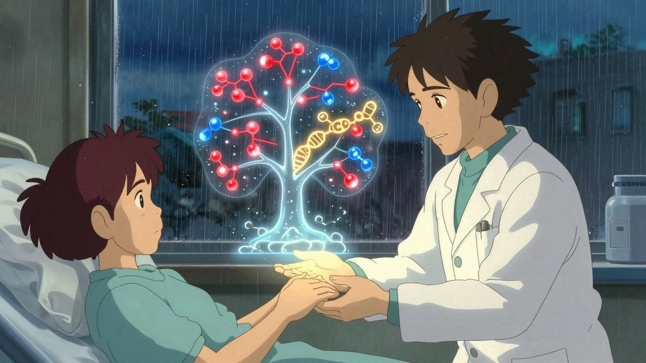 Un pharmacien apaise un patient dans un hôpital, tandis qu’un arbre de interactions médicamenteuses lumineuses s’élève entre eux.