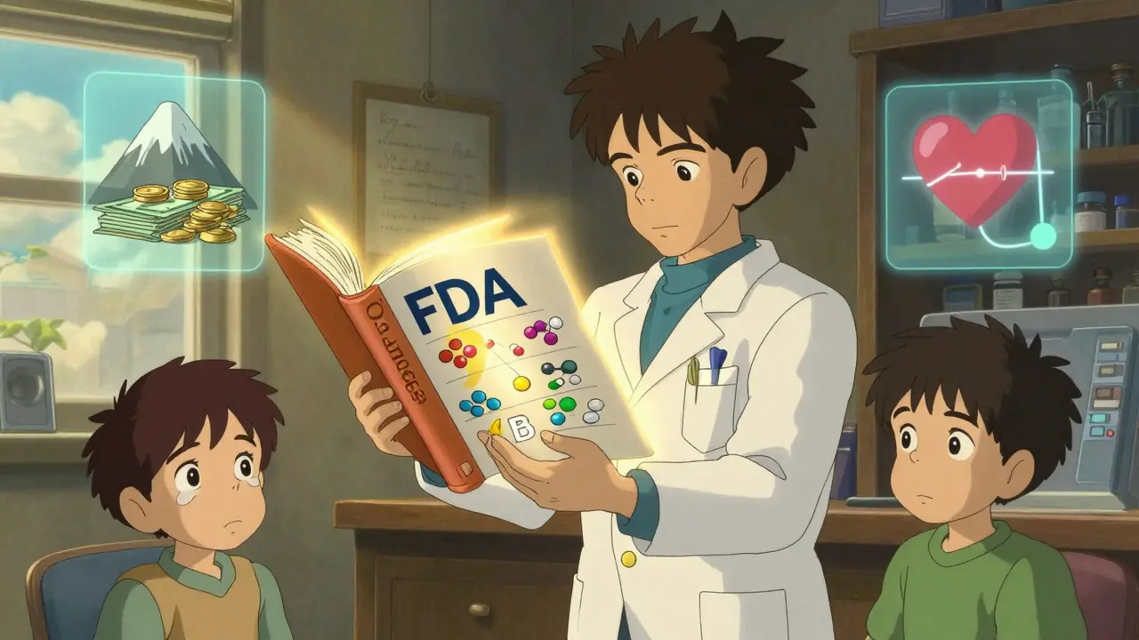 Un pharmacien consulte un livre magique de la FDA, tandis que des profils de patients flottent, montrant des économies et une santé améliorée.