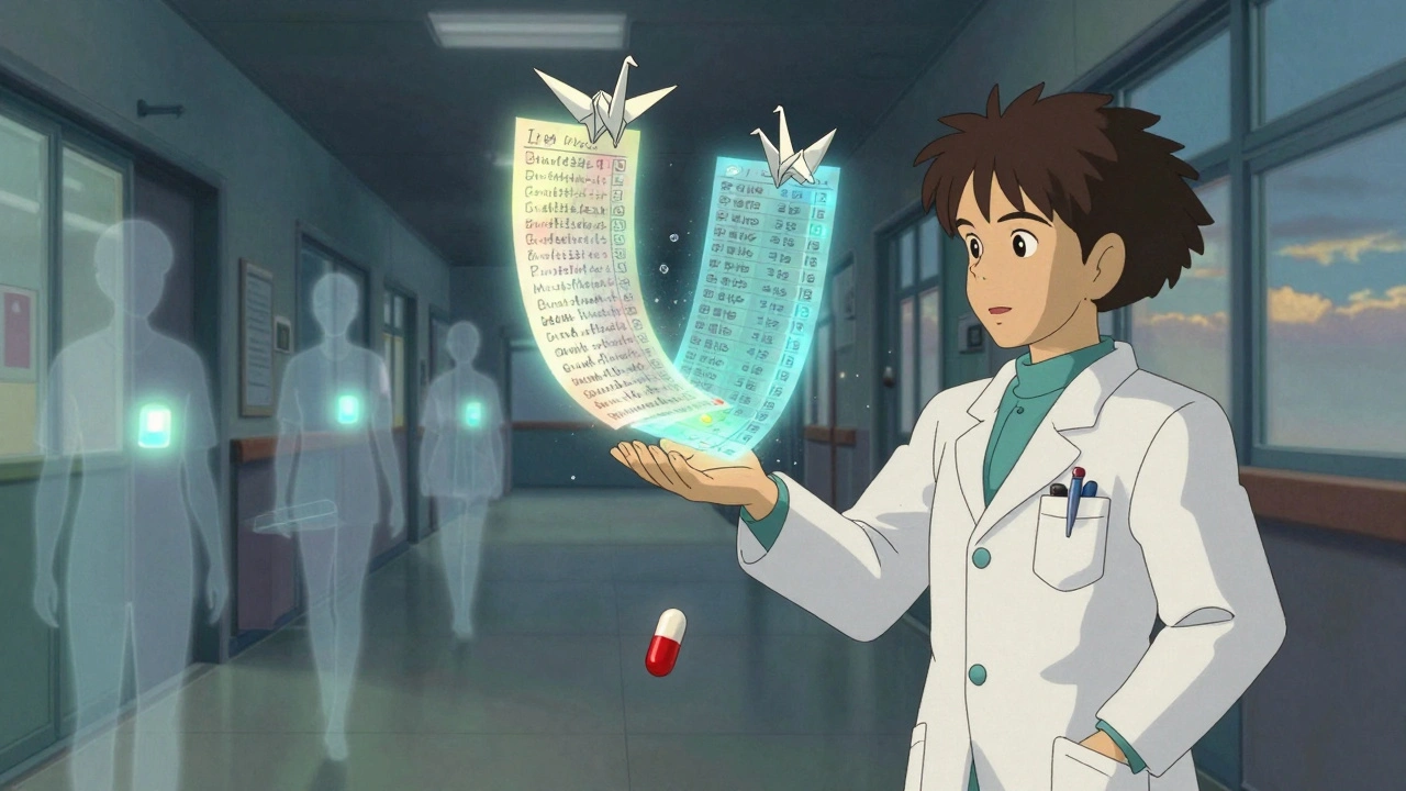 Un pharmacien et une infirmière comparent deux listes de médicaments flottantes comme des origamis dans un couloir d'hôpital au crépuscule.