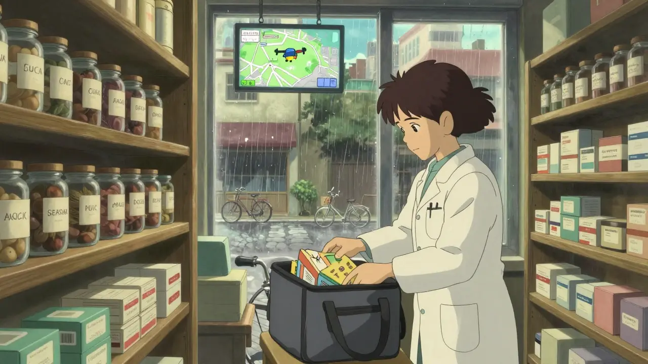 Un pharmacien prépare un colis de médicaments dans une pharmacie chaleureuse, avec une fenêtre donnant sur la rue pluvieuse.