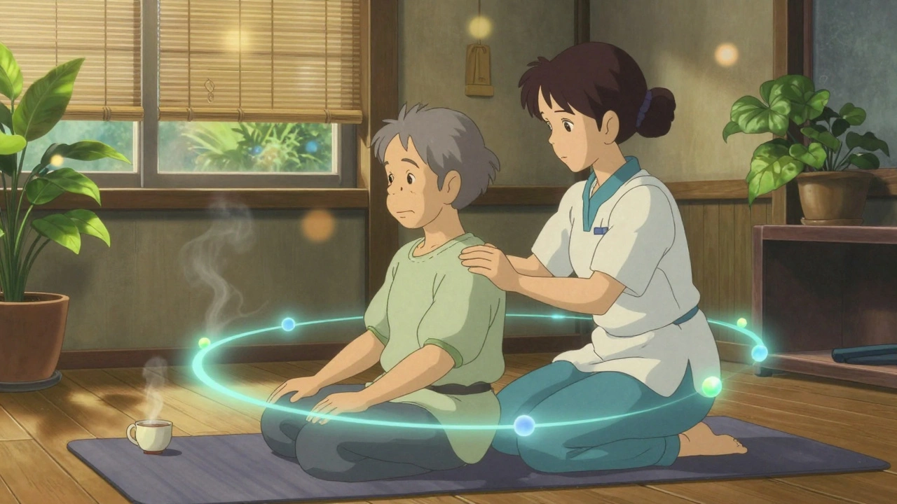 Un physiothérapeute aide un patient âgé à faire des exercices d'équilibre, des lumières douces suivent leurs mouvements.