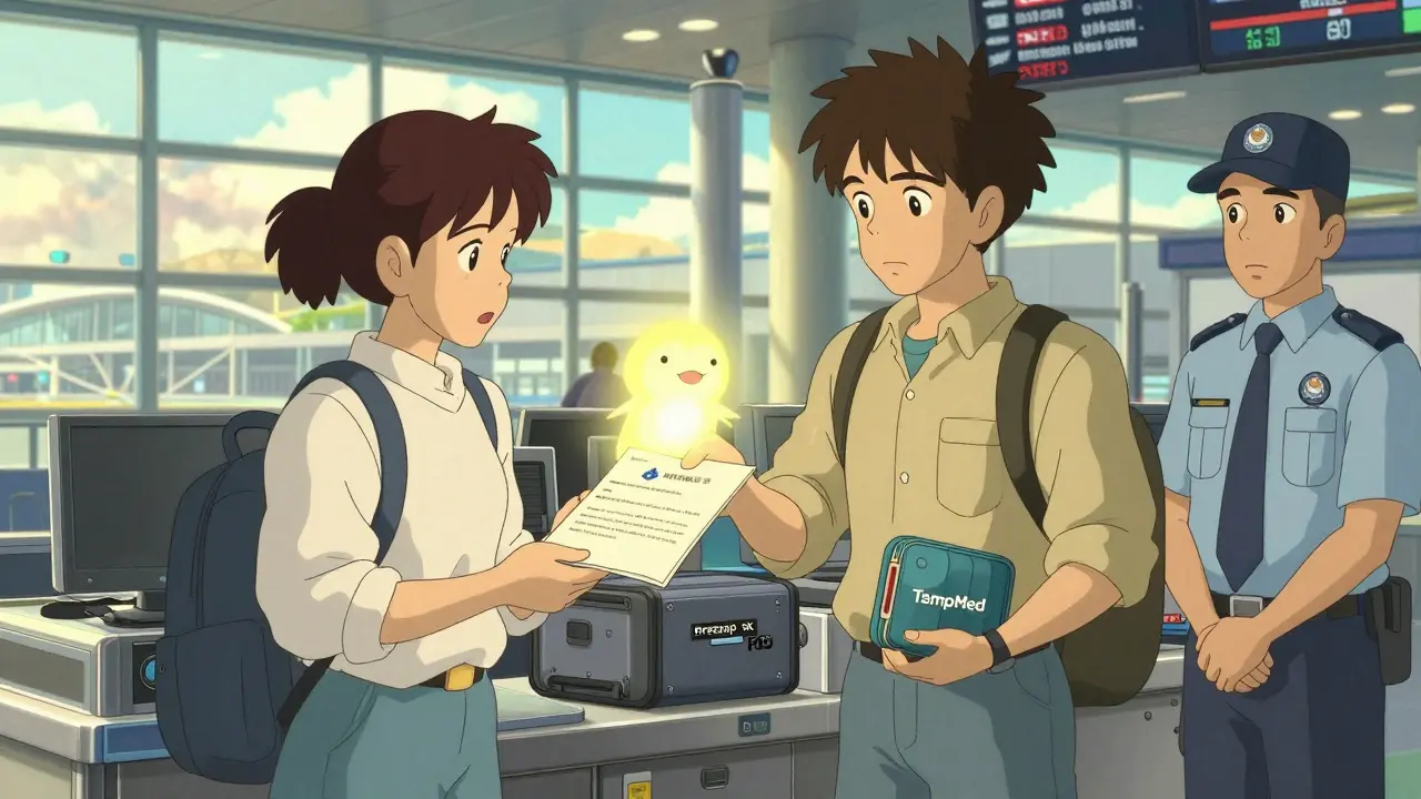 Un voyageur à la sécurité de l'aéroport présentant un dispositif médical à un agent, avec une créature lumineuse symbolisant la sécurité, style Studio Ghibli.