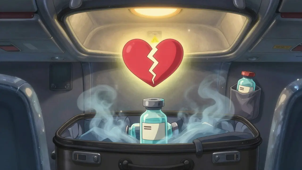 Une bouteille d'insuline gelée dans un bagage en soute, entourée de brume glacée, contrastant avec une lumière chaleureuse au-dessus, style Studio Ghibli.