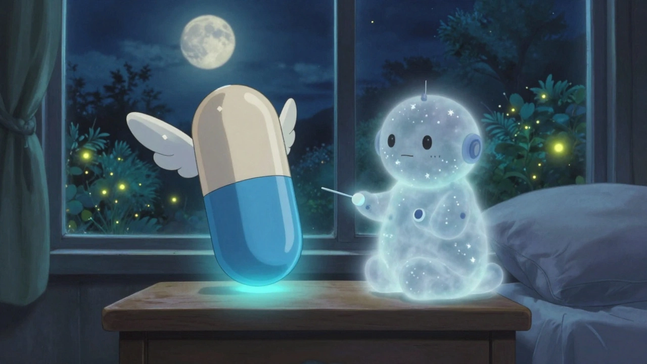 Une capsule volante aux ailes délicates émet une lueur bleue, connectée à un esprit lumineux dans une chambre paisible.