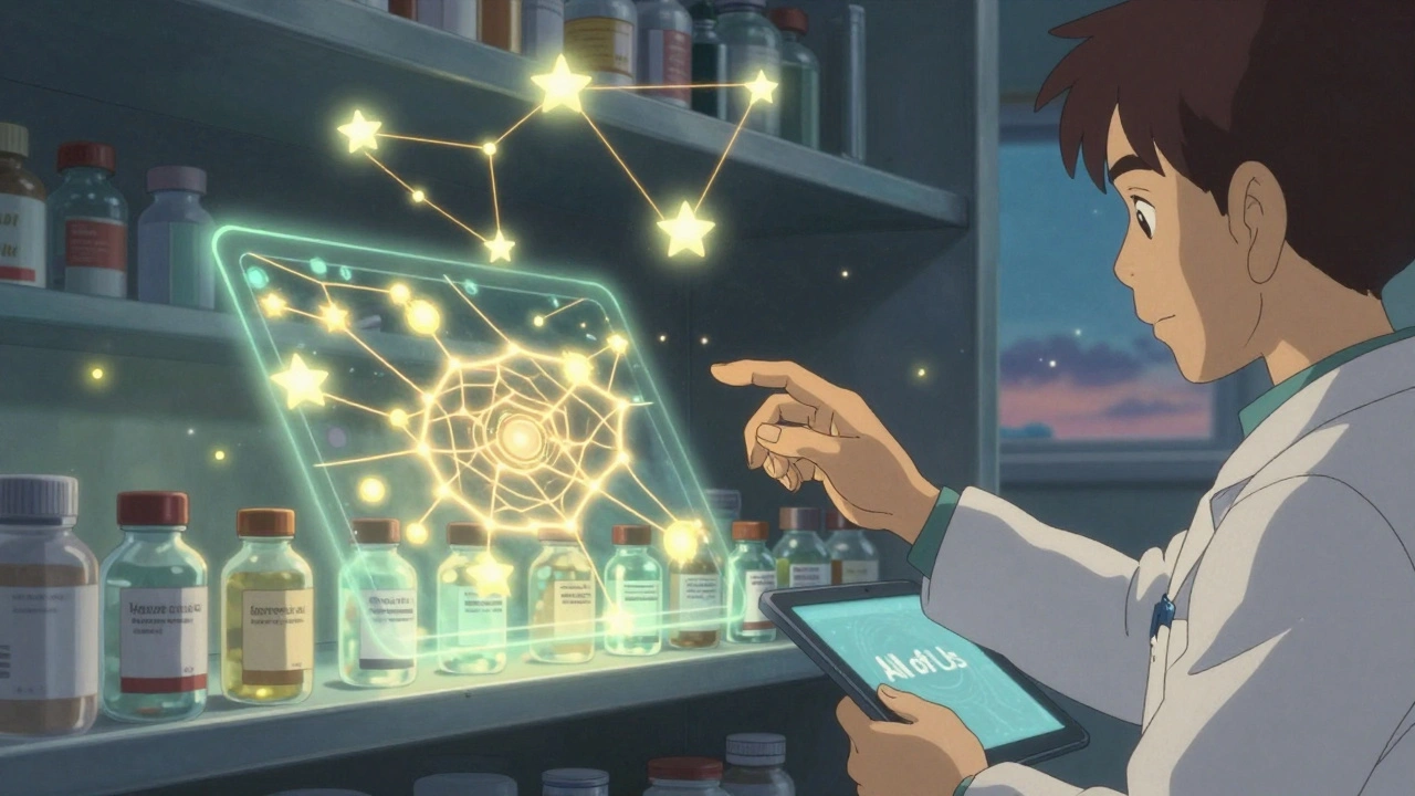 Une carte génétique lumineuse flotte au-dessus de flacons de médicaments, reliée à des étoiles représentant des variants génétiques.