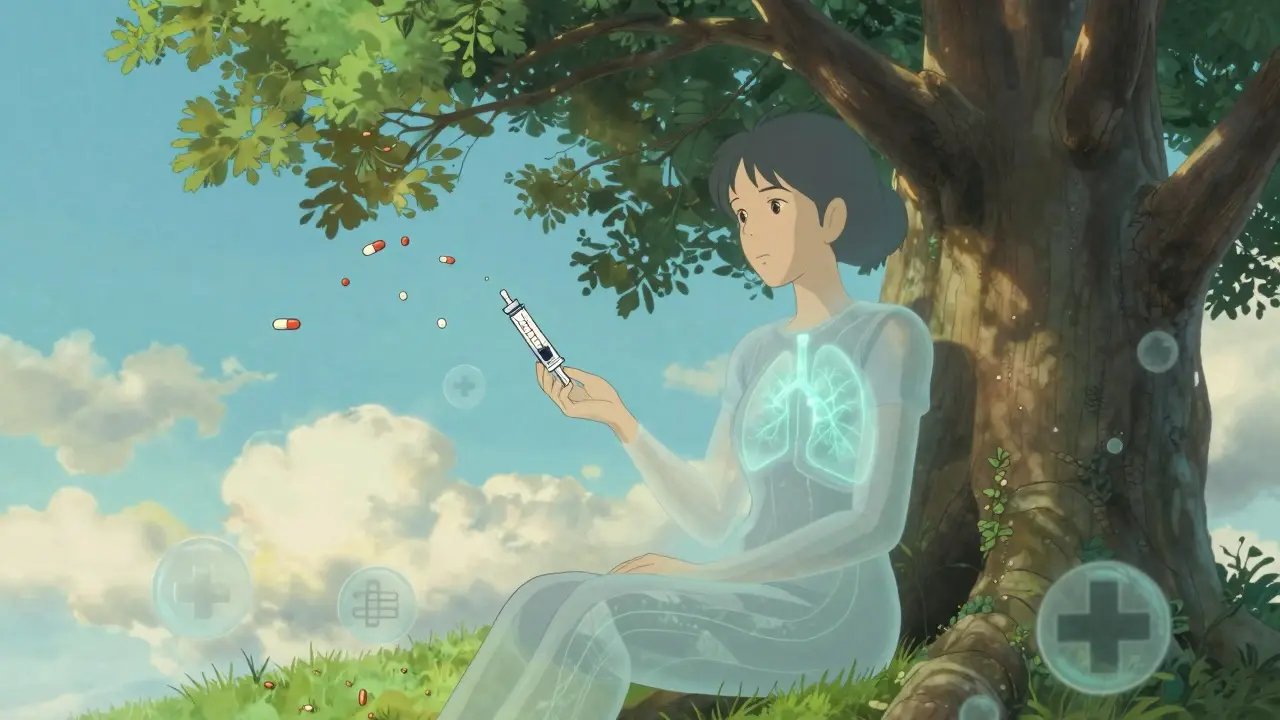 Une femme paisible entourée de traitements flottants, symbole de survie et de bien-être.