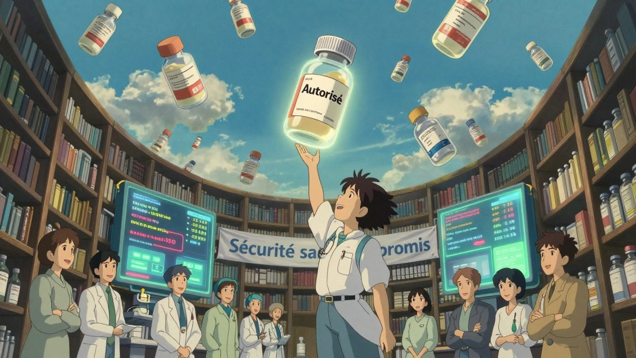 Une fille atteint une pilule flottante étiquetée 'Autorisé' dans un ciel rempli de prescriptions.