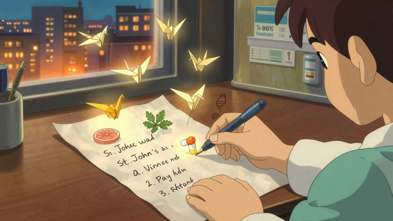 Une liste manuscrite de médicaments s’envole en grues magiques, portant des symboles de compléments et de gènes.