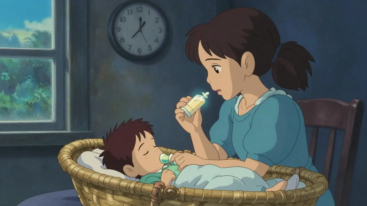 Une mère prend un opioïde après une tétée, son bébé dort paisiblement dans un berceau.