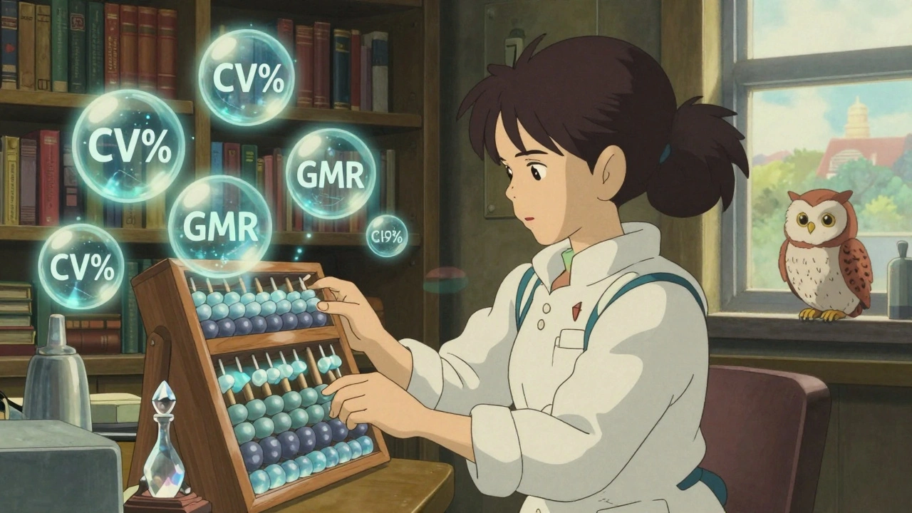 Une statisticienne ajuste un boulier en cristal entouré d'orbes de données pharmacocinétiques dans un laboratoire chaleureux.