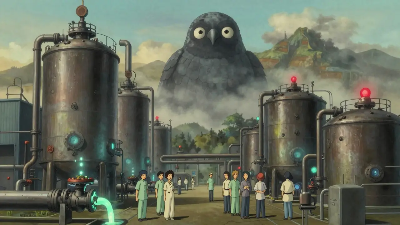 Usine pharmaceutique avec une fuite lumineuse, un esprit de chaîne d'approvisionnement observe en silence.