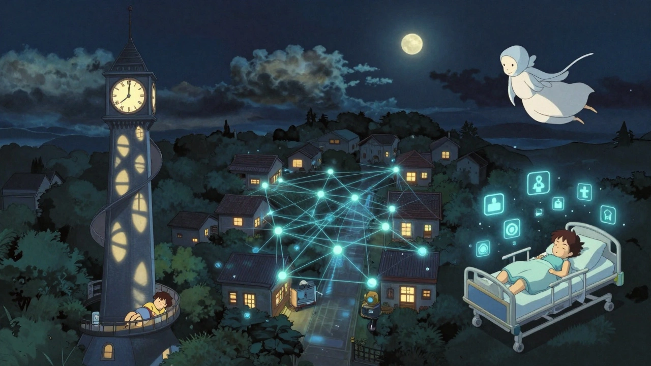 Vue aérienne de trois États : une horloge de 90 jours, un réseau de données lumineuses, et un lit d'hôpital entouré d'icônes médicales flottantes.