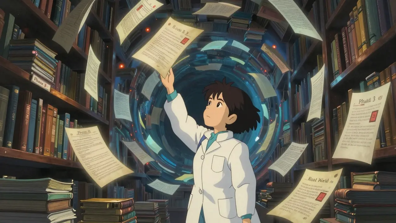 Bibliothèque flottante de dossiers médicaux avec des histoires de patients et des avertissements lumineux.