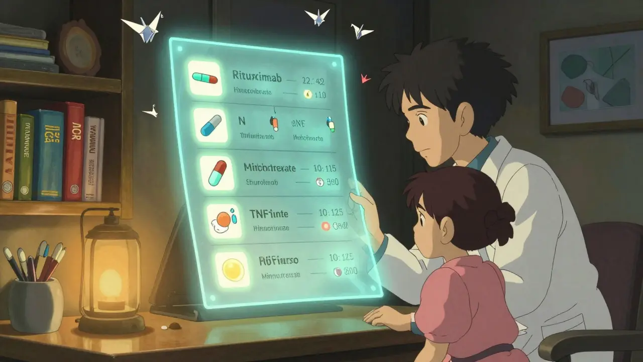 Charte médicale animée dans une clinique, avec des icônes de médicaments qui brillent ou disparaissent selon les délais de vaccination.