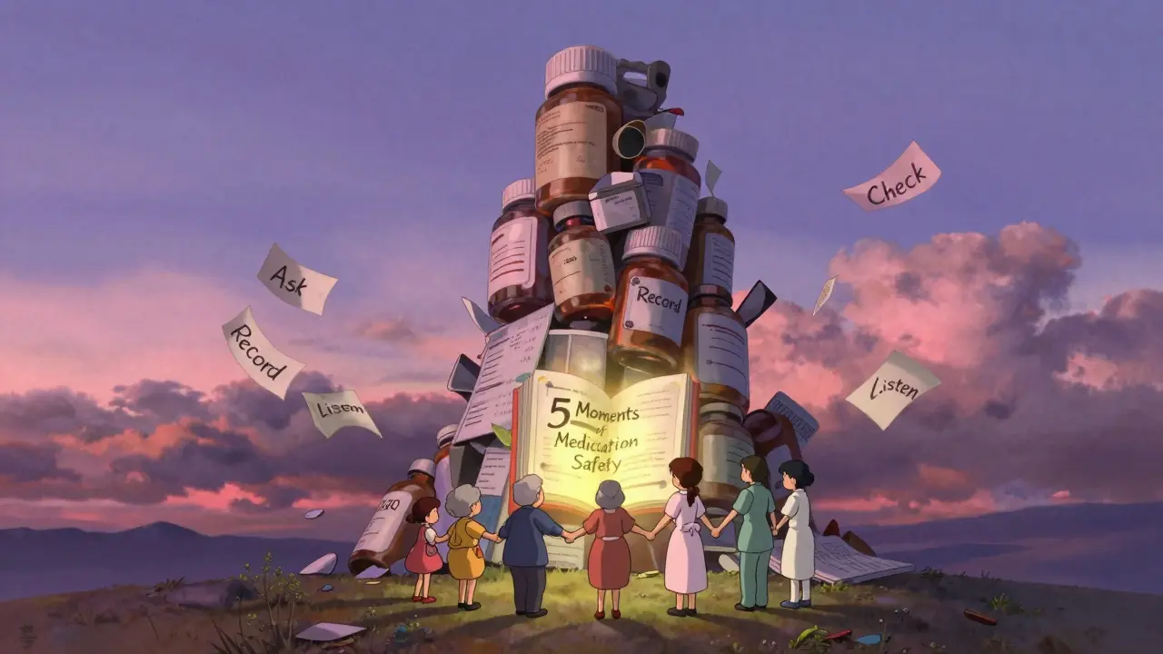 Cinq personnes protègent un livre lumineux contre une tour de comprimés qui s'effondre, dans un paysage onirique.