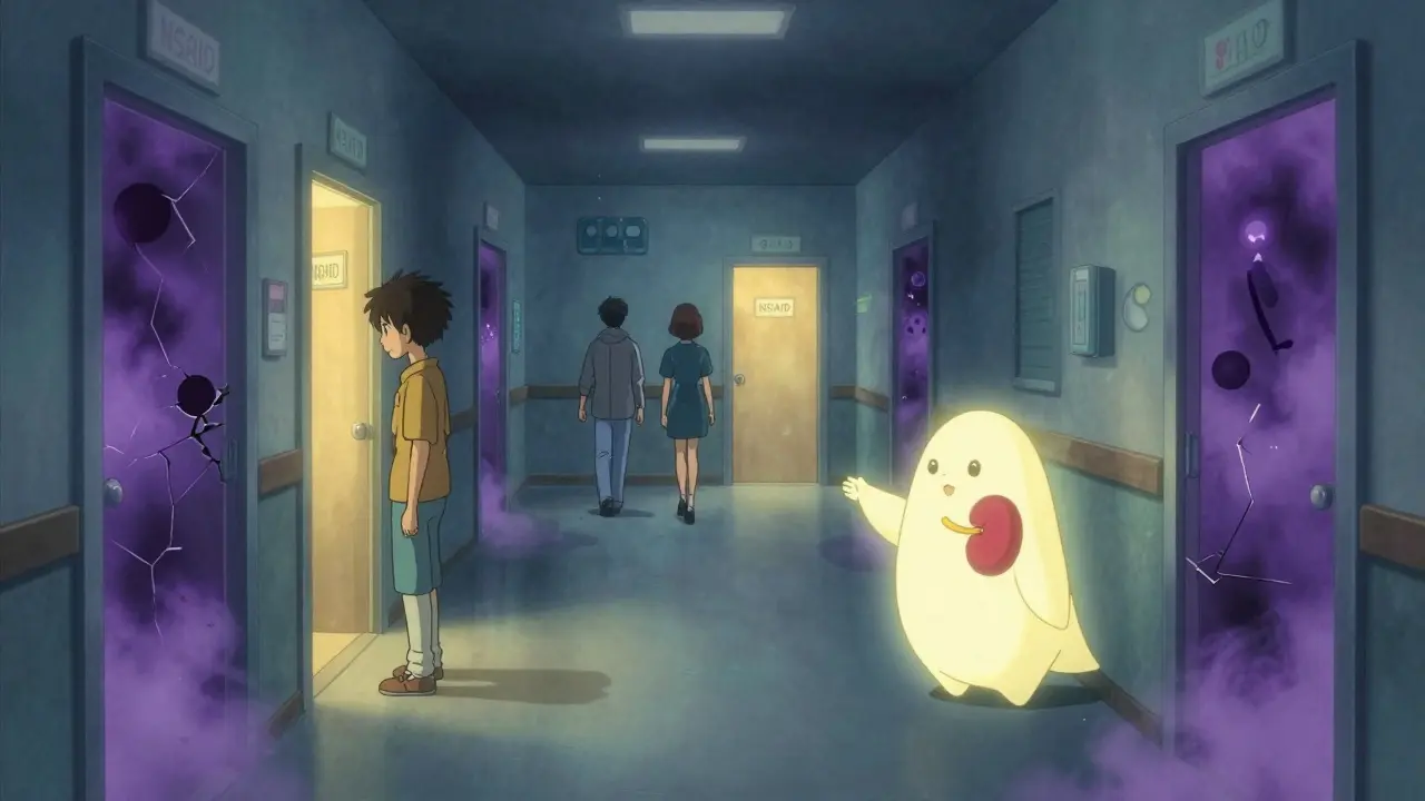 Couloir hospitalier où les portes médicamenteuses émettent des lumières ou de la fumée toxique, un patient hésite.