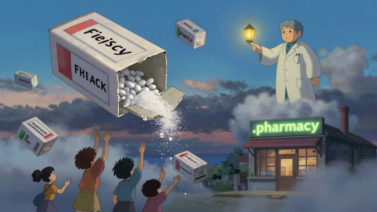 Des boîtes de médicaments flottent dans le ciel, certaines se défont en sucre, tandis qu'une pharmacie réelle brille en bas.