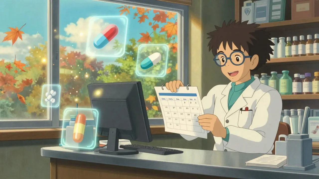 Des médicaments flottent comme des lucioles dans une pharmacie apaisante, sous un regard bienveillant.