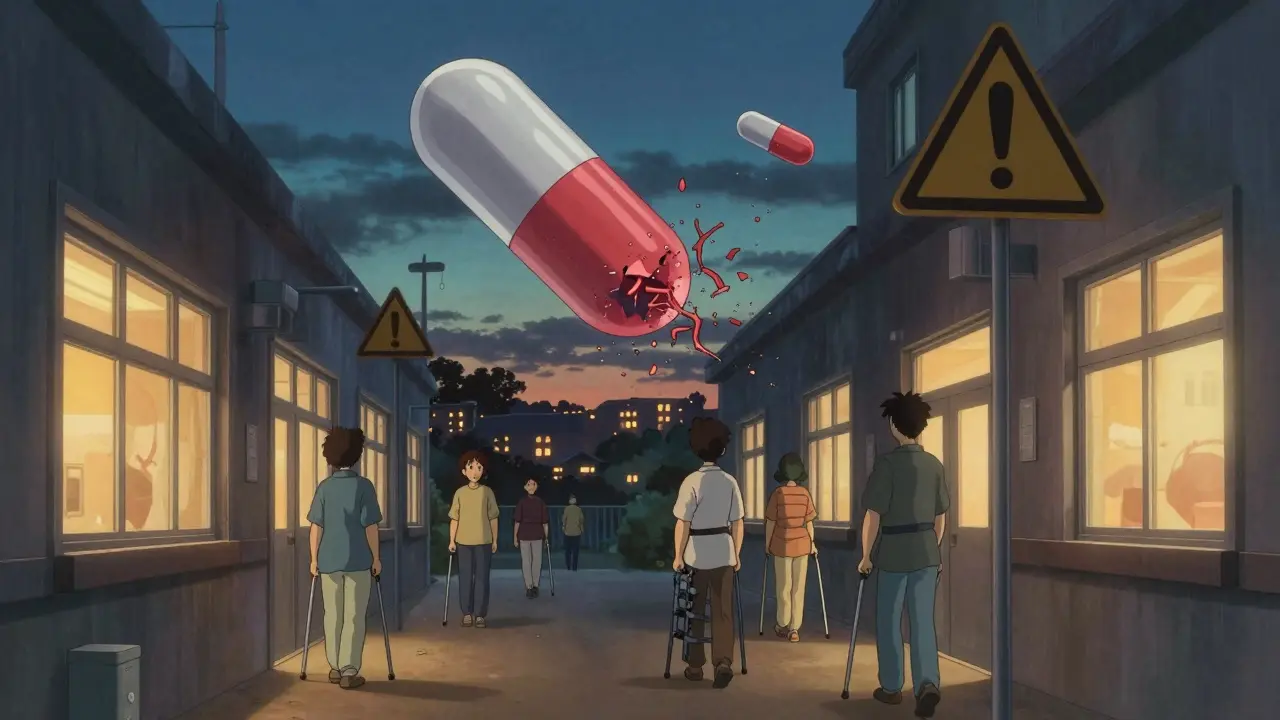 Des patients marchent lentement dans un couloir d'hôpital, des pilules géantes flottent au plafond.