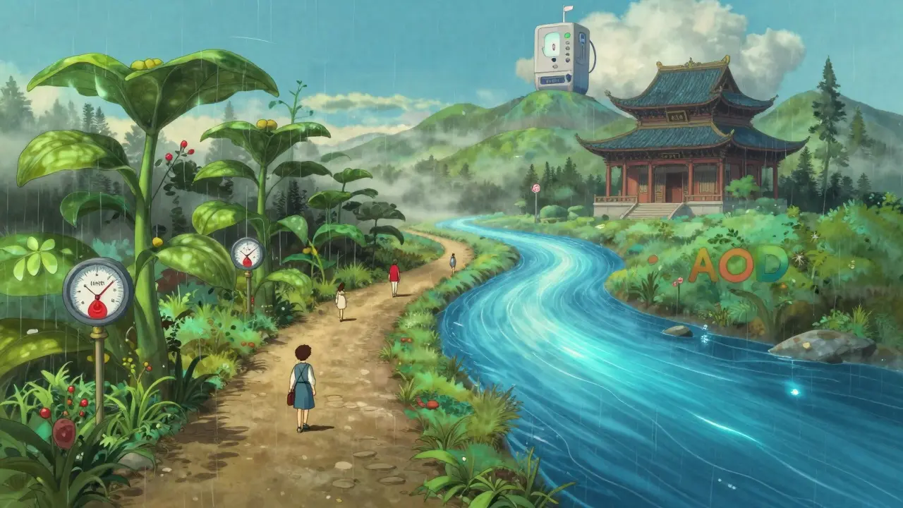 Deux chemins symboliques : un parcours sinueux avec des plantes de vitamine K et un autre fluide et lumineux vers un temple, représentant le choix entre anticoagulants.