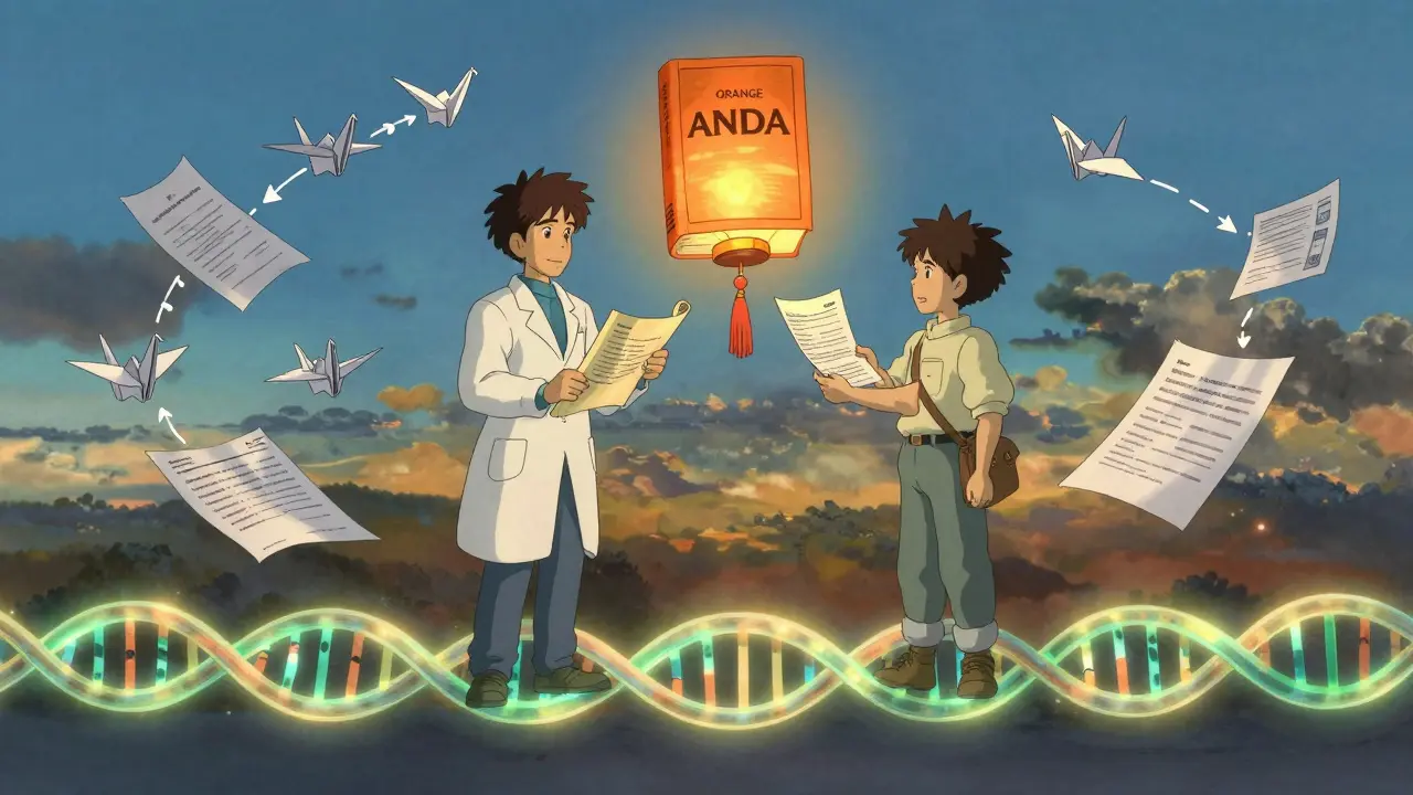 Deux personnages sur un pont de brins d'ADN, avec le livre Orange flottant au-dessus d'eux.