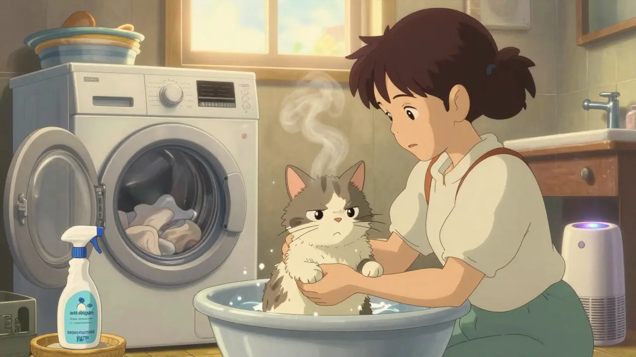 Famille lavant un chat avec un shampoing anti-allergènes, vapeur douce, lumière dorée, style Ghibli.