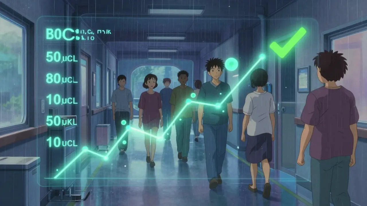 Interface numérique affichant le comptage des cellules B qui augmentent en lumière bioluminescente, dans un couloir d'hôpital sous la pluie.