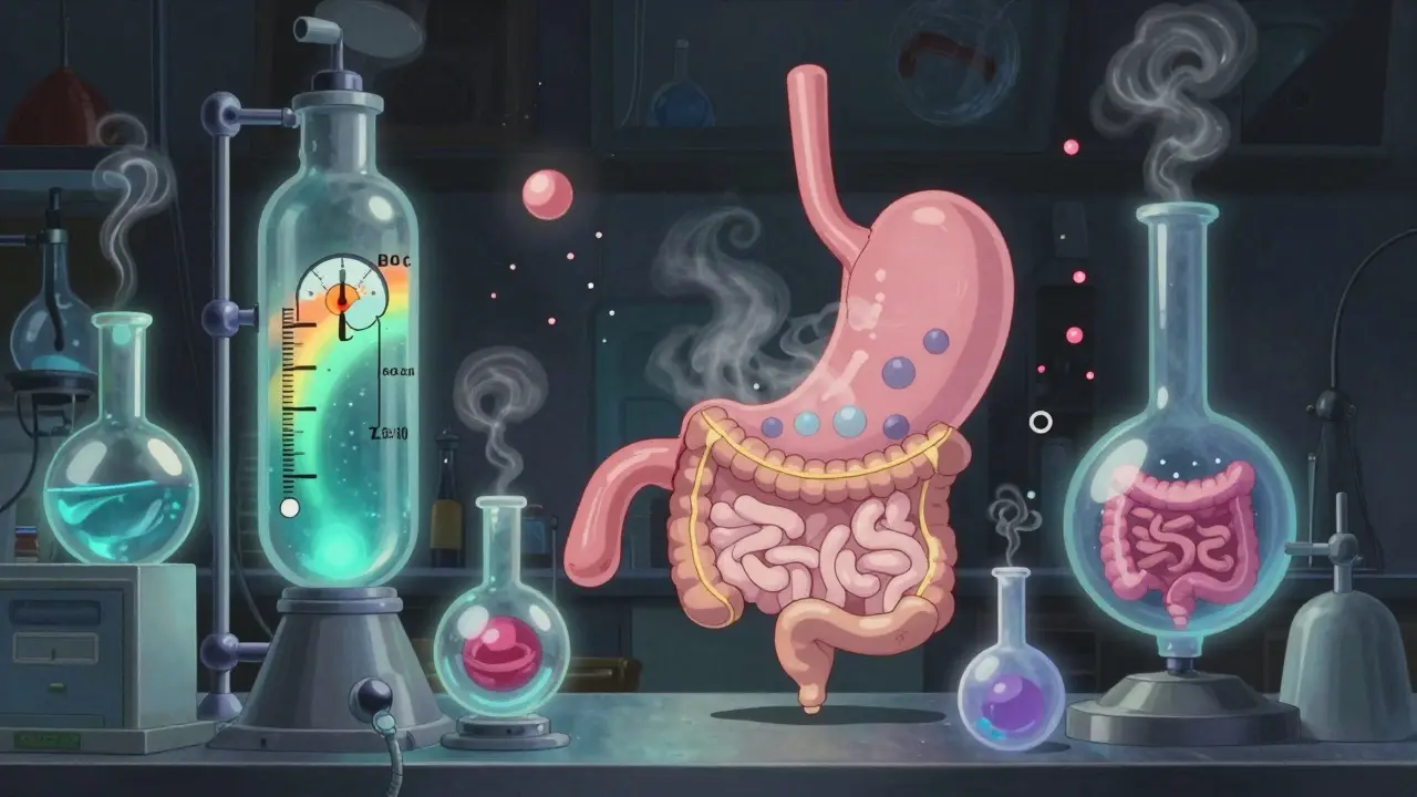 Laboratoire magique avec des appareils flottants qui simulent la dissolution d'un médicament dans l'intestin.