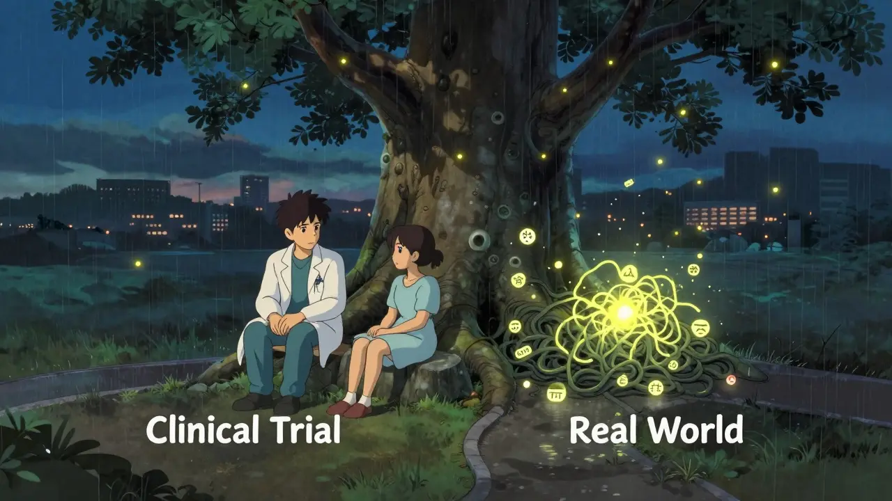 Médecin et patient sous un arbre, leurs ombres forment deux chemins : essai clinique et vie réelle.