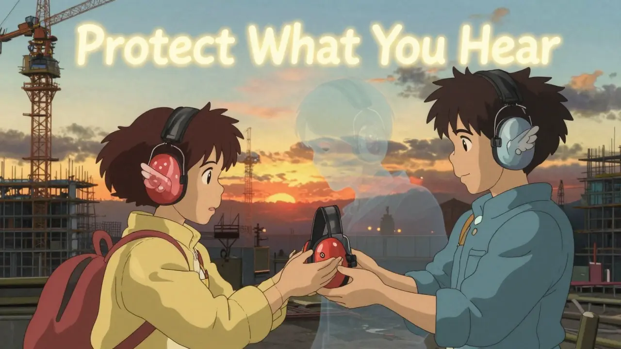 Ouvriers sur un chantier portant des protections auditives originales, avec une silhouette fantôme évoquant la perte auditive.