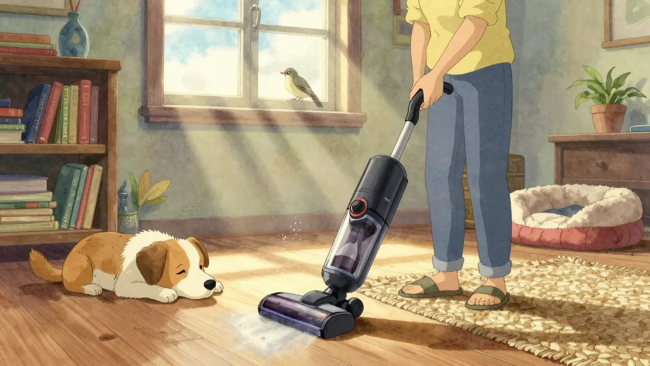 Personne en train d'aspirer avec un aspirateur HEPA, chien au sol, sol en bois, lumière naturelle.