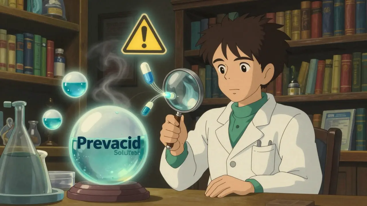 Pharmacien examinant un comprimé à libération prolongée, tandis qu'une forme liquide parfaite se dissout à côté.