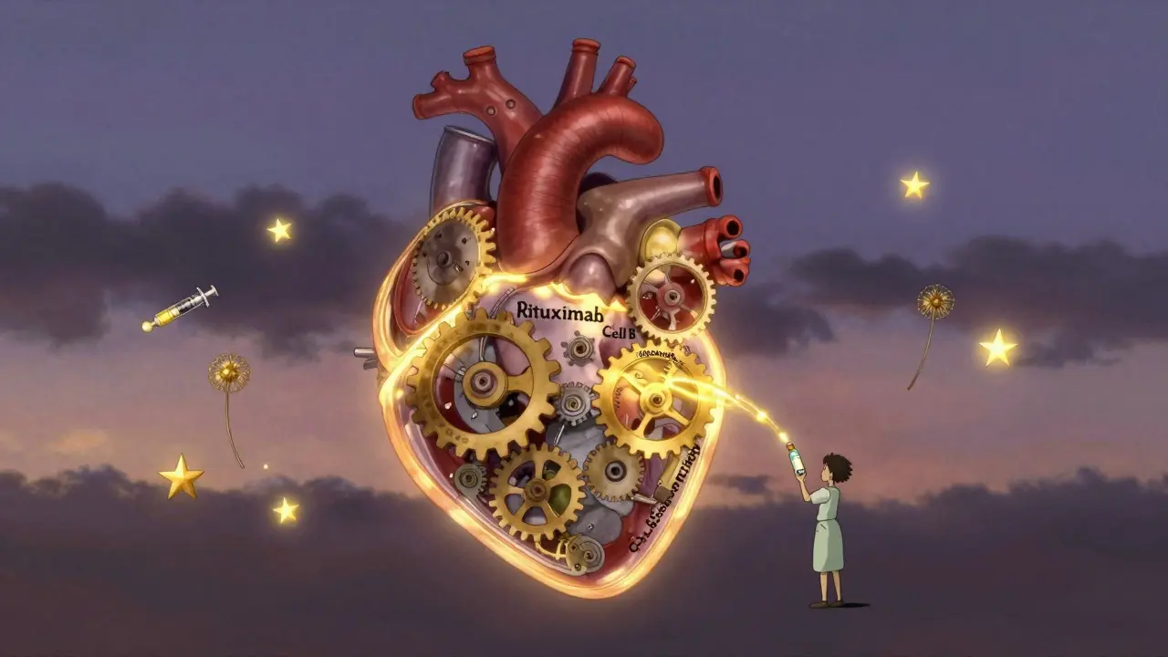 Un cœur mécanique flotte dans le ciel crépusculaire, des engrenages symbolisent le timing des vaccins et la régénération des cellules B.