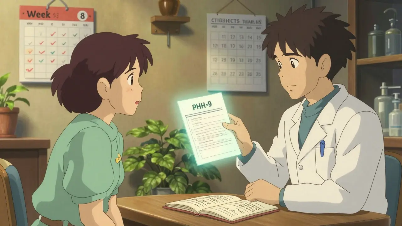 Un dermatologue et un patient en consultation, un journal de humeur ouvert sur la table, dans un bureau chaleureux.