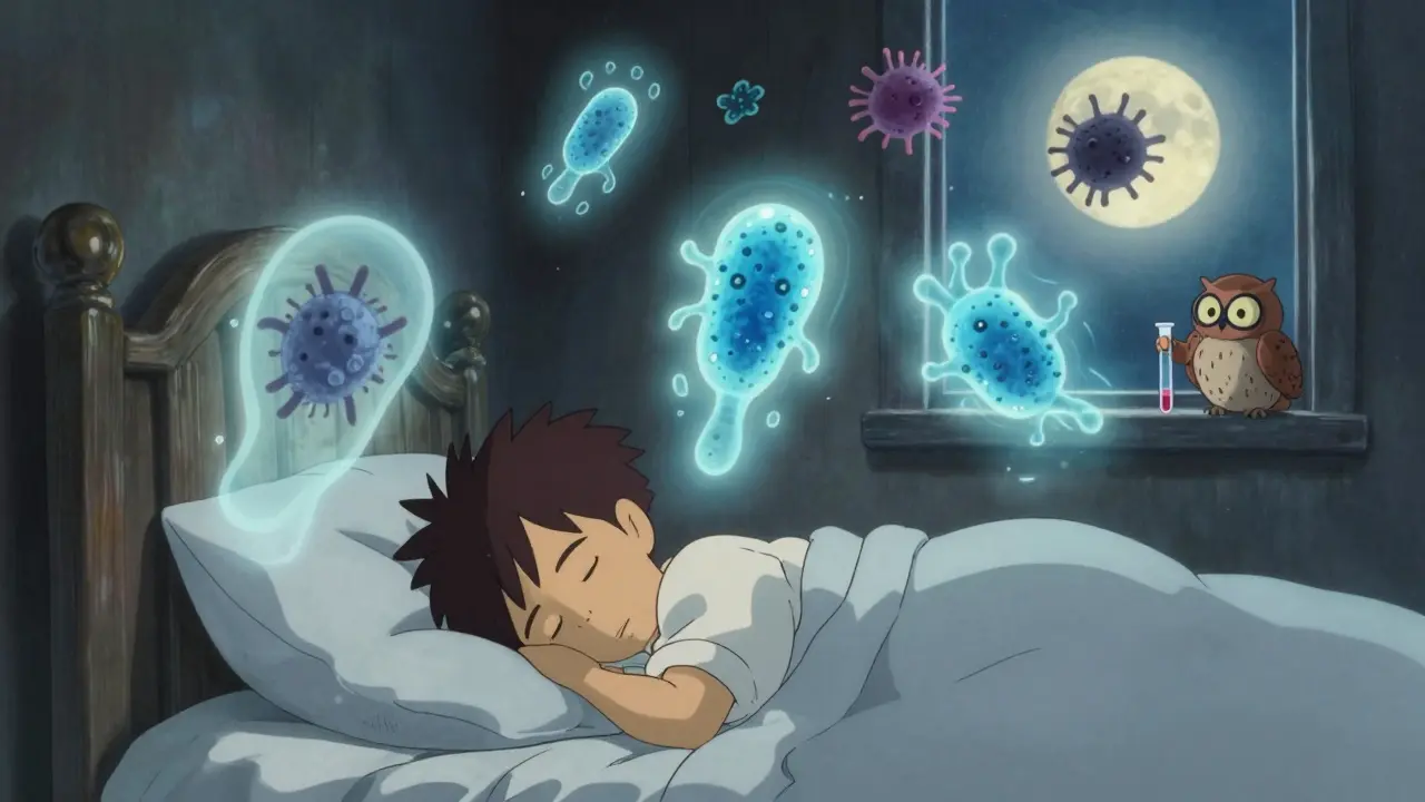 Un enfant dort paisiblement, des bactéries bonnes et mauvaises flottent en combat doux au-dessus de lui.