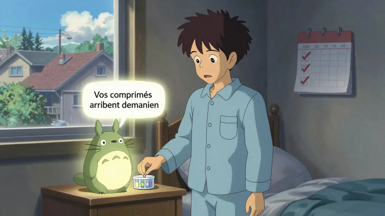 Un esprit lumineux dépose un organisateur de pilules sur une table de chevet au lever du jour.