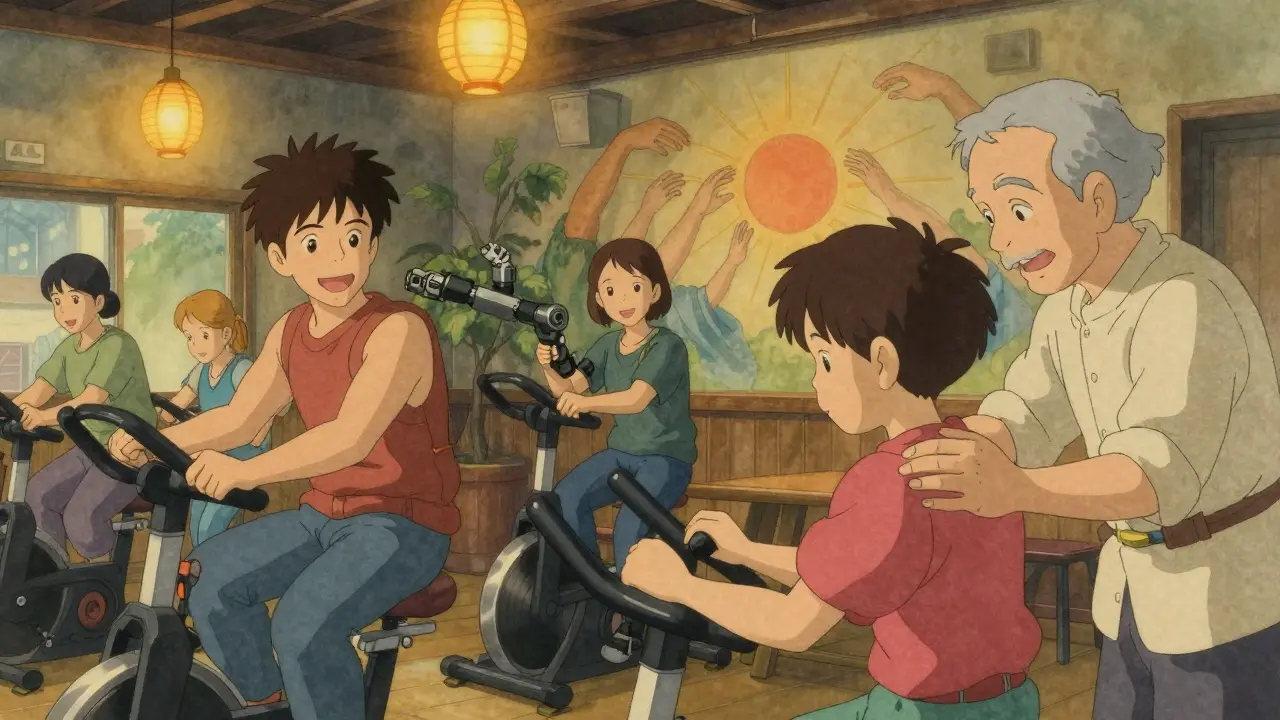 Un groupe de personnes en réhabilitation utilisant des dispositifs d'assistance dans un centre communautaire chaleureux.