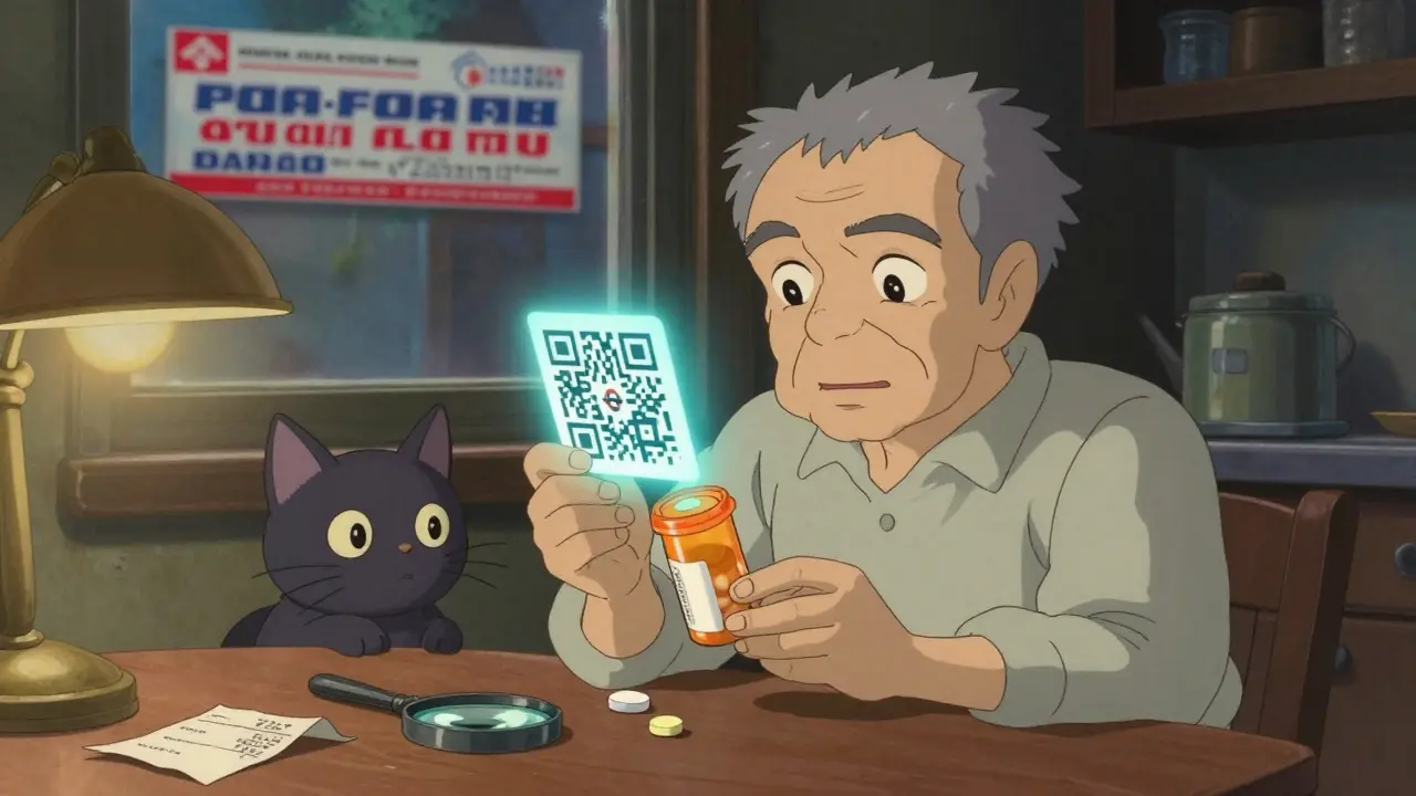 Un homme âgé regarde une pilule inégale sous une lampe, un code QR lumineux flotte au-dessus.
