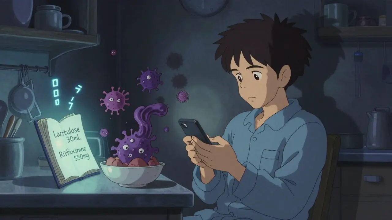 Un homme dans sa chambre la nuit, des bactéries sombres s'élèvent de sa nourriture, des symboles lumineux indiquent des médicaments.