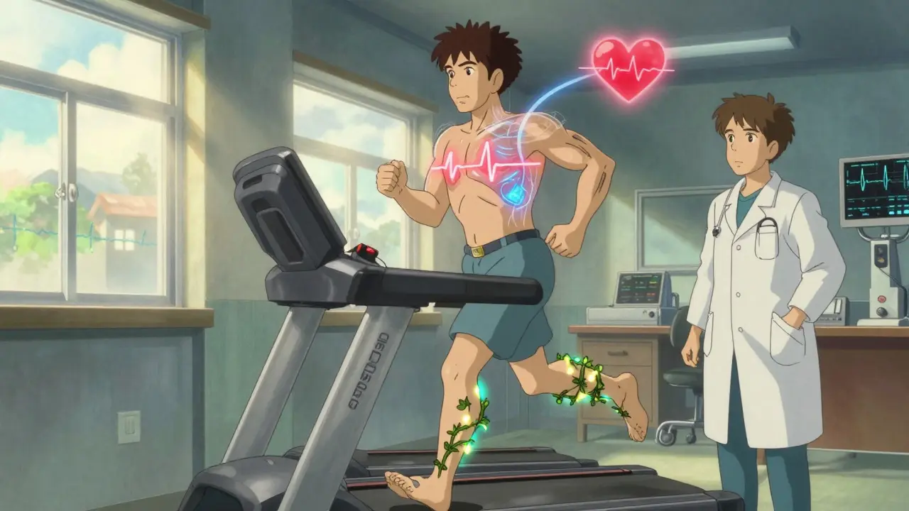 Un homme en train de faire un test d'effort sur un tapis roulant, avec son cœur en énergie lumineuse.