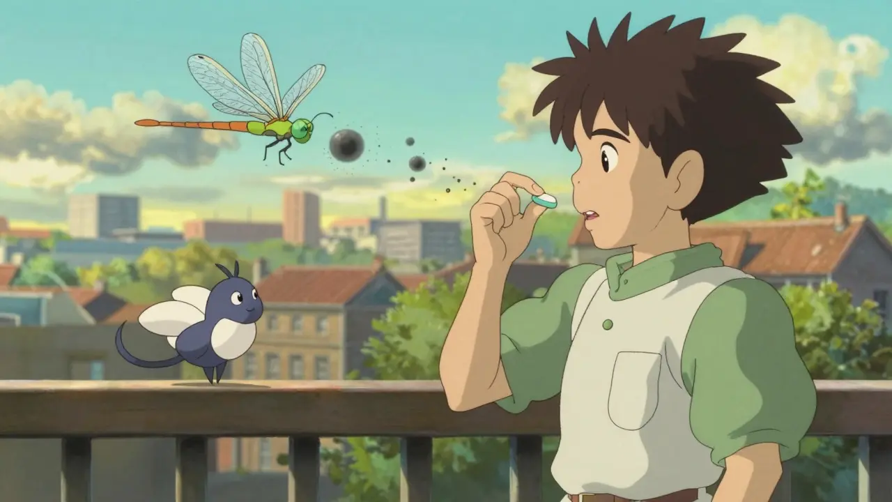 Un jeune adulte prenant un comprimé d'apixaban sur un balcon ensoleillé, accompagné d'un esprit-libellule symbolisant la simplicité.