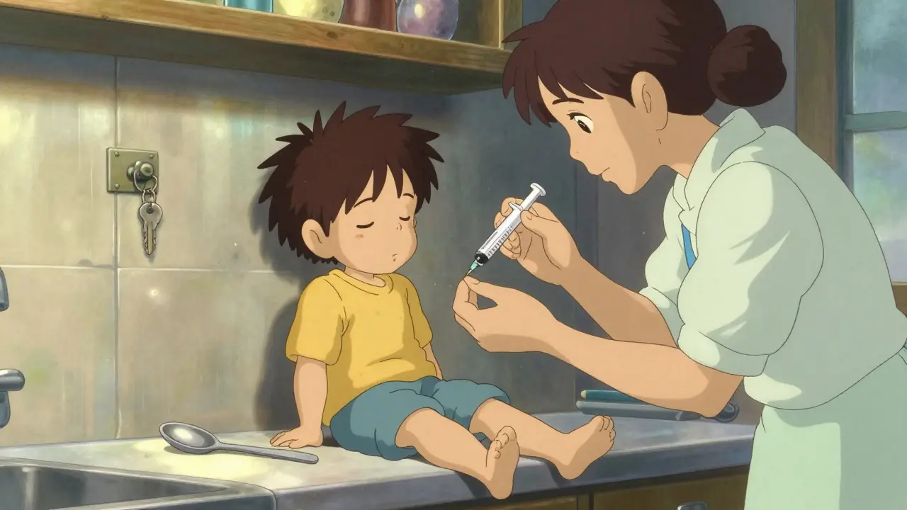 Un parent administre un médicament liquide à un enfant avec une seringue de mesure.