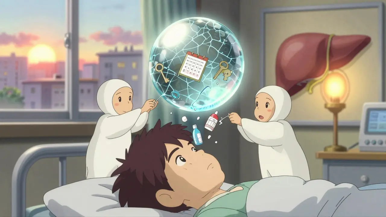 Un patient dans un hôpital, une sphère de mémoire se reconstitue sous l'action de deux esprits tenant des médicaments, un foie lumineux brille en arrière-plan.
