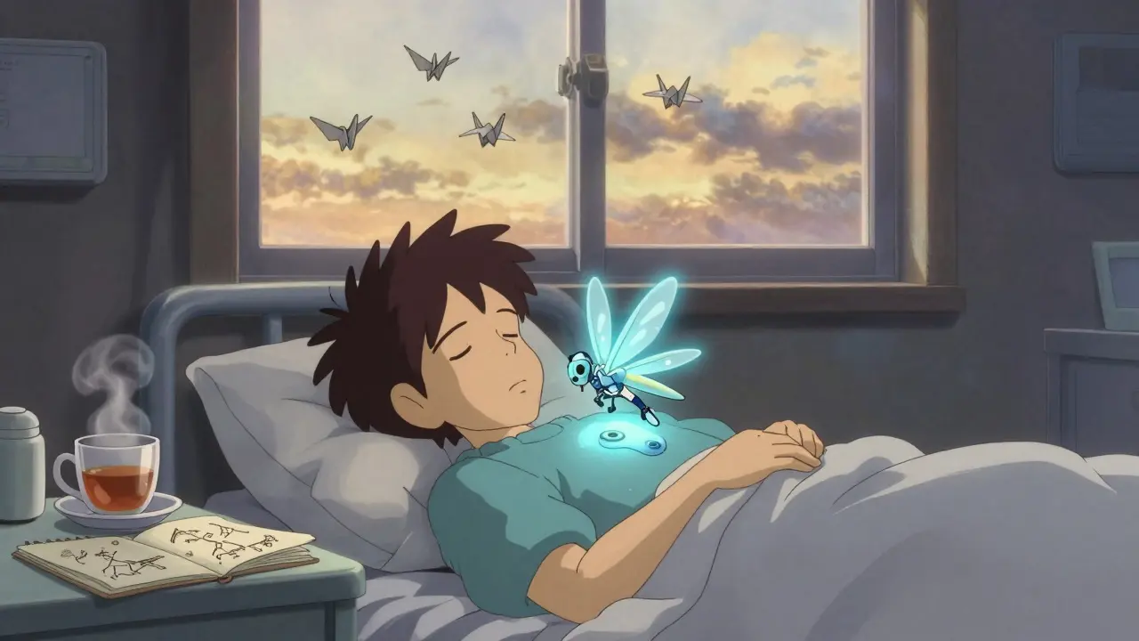 Un patient endormi avec un dispositif mécanique en forme de libellule qui pulse doucement près de sa poitrine.