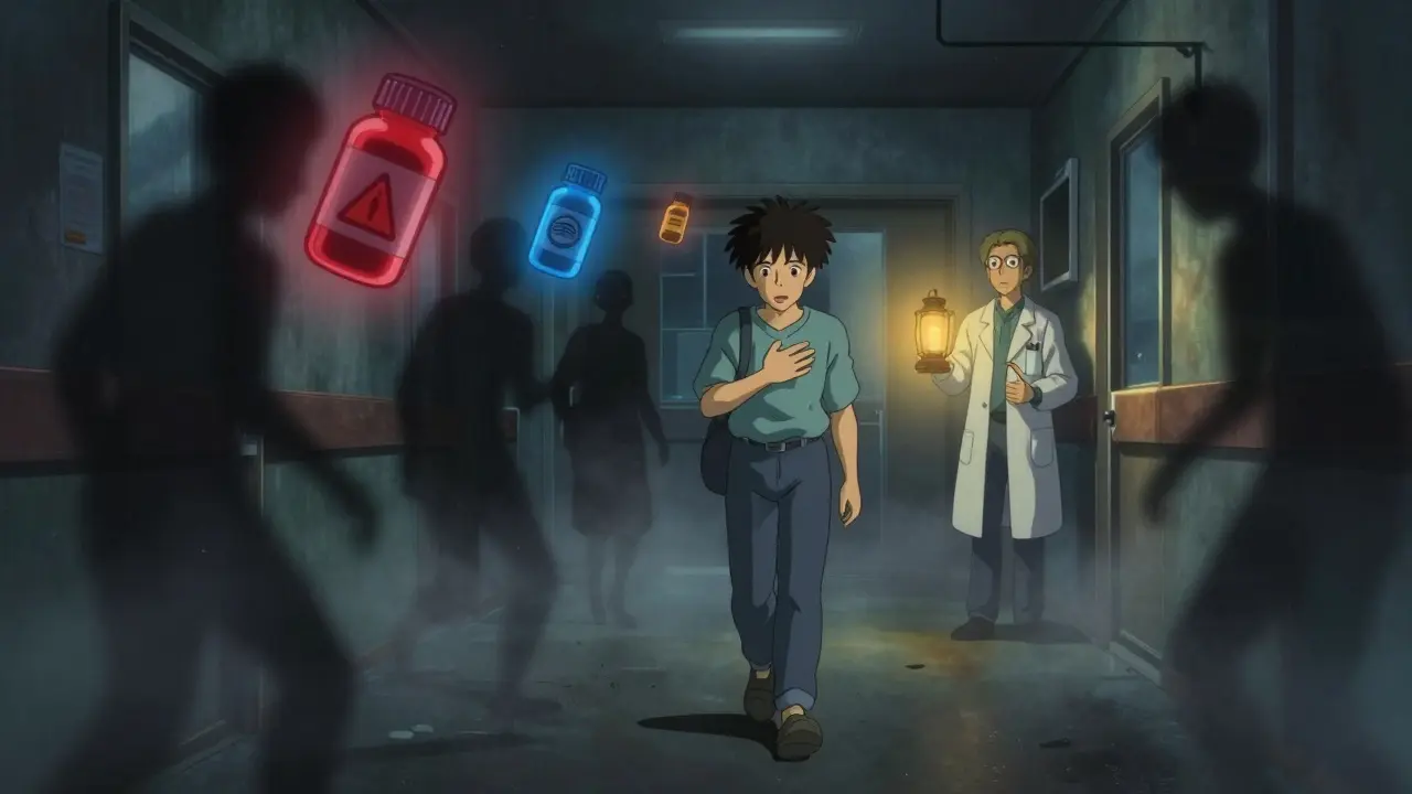 Un patient marche dans un couloir d’hôpital la nuit, entouré d’ombres de flacons de médicaments, tandis qu’un pharmacien le regarde avec inquiétude.