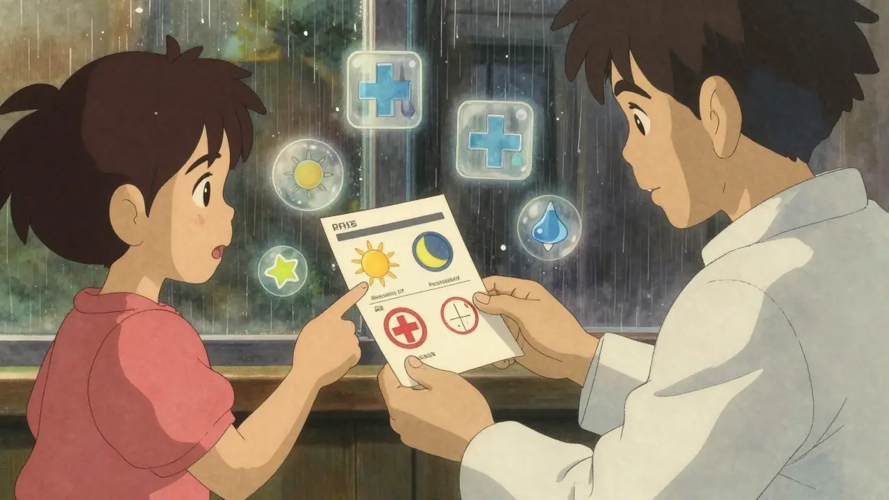 Un pharmacien remet une étiquette avec des symboles universels à un patient, dans une ambiance chaleureuse et apaisante.