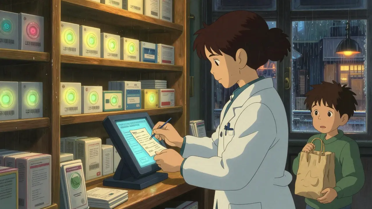 Un pharmacien vérifie une ordonnance dans une pharmacie française au crépuscule, avec des boîtes de médicaments sécurisées.