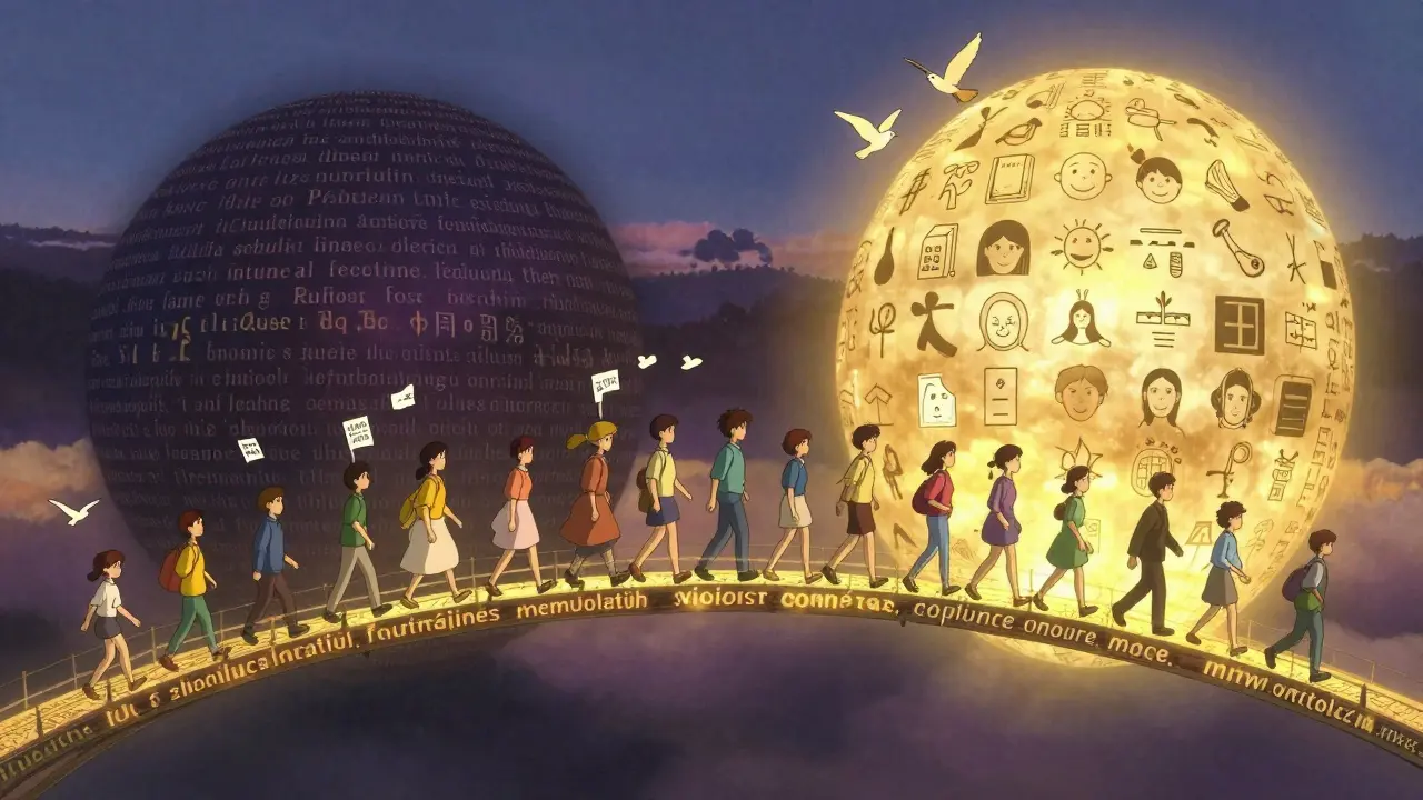 Un pont lumineux relie les mots confus aux symboles clairs, représentant l'accès équitable aux soins.